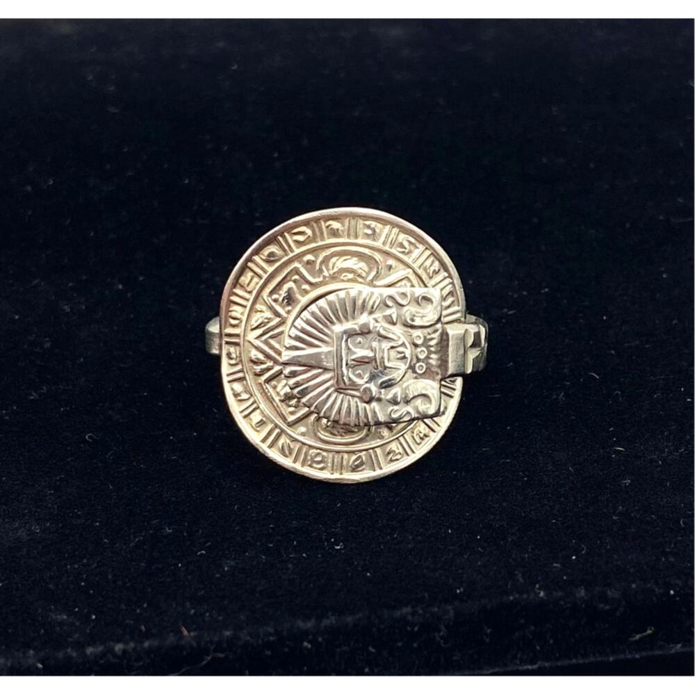 Vintage Alpaca Mexico Silver Tone Spoon Ring Aztec Mayan Style Handmade Size 11
